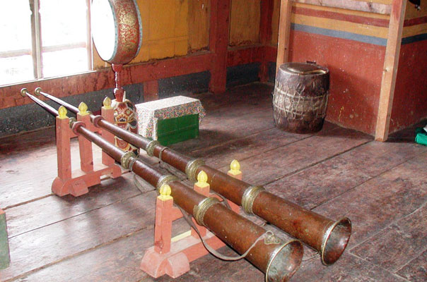 Dungchen - large temple horns used during rituals and prayers, Nga - large drums, and Banga – a drum used during processions