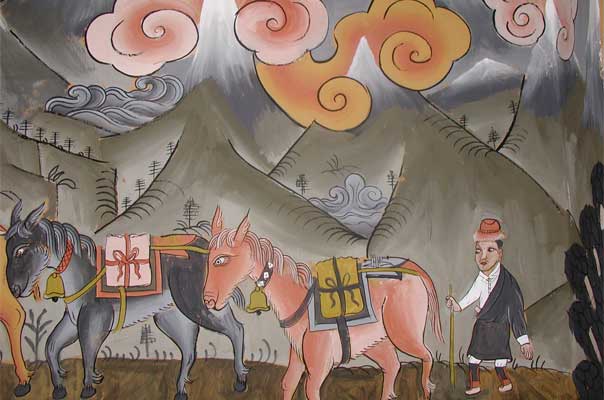 A mule train, (painting by Ngawang Jampel)